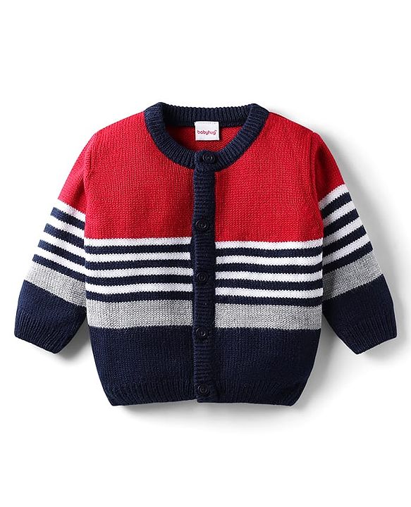 Babyhug Knit Full Sleeves Front Open Sweater With Stripes - Red