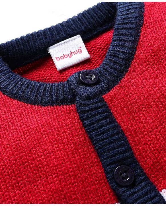 Babyhug Knit Full Sleeves Front Open Sweater With Stripes - Red