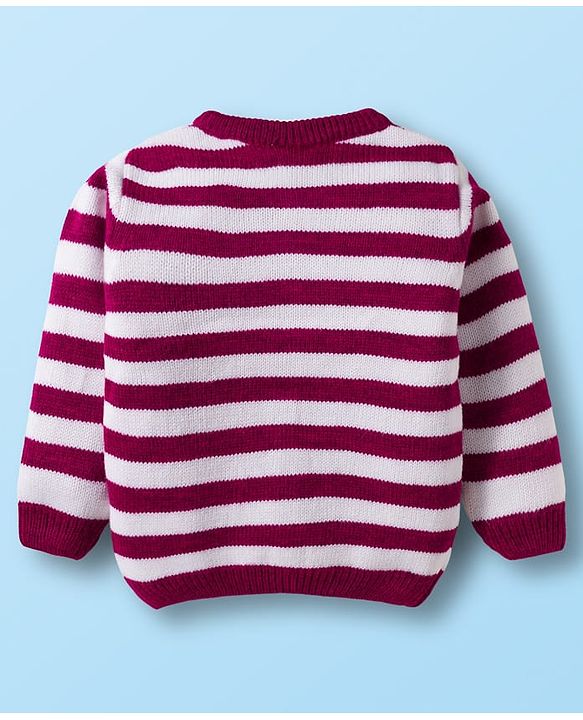 Babyhug Knitted Full Sleeves Striped Front Open Sweater - Wine & White