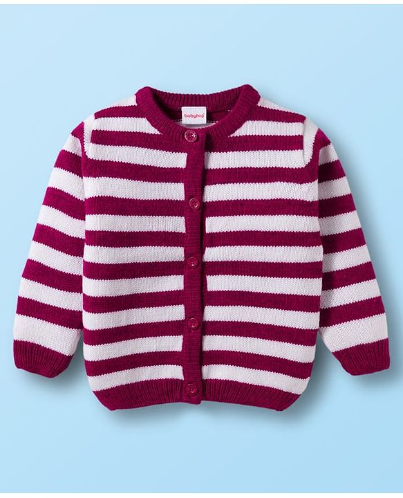 Babyhug Knitted Full Sleeves Striped Front Open Sweater - Wine & White