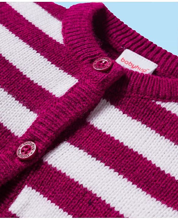 Babyhug Knitted Full Sleeves Striped Front Open Sweater - Wine & White