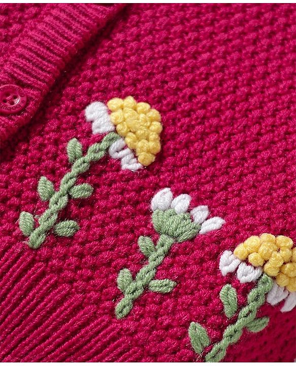 Babyhug Knit Full Sleeves Front Open Sweater with Floral Embroidery - Fuchsia