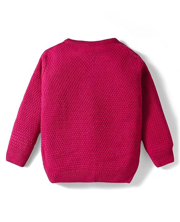 Babyhug Knit Full Sleeves Front Open Sweater with Floral Embroidery - Fuchsia