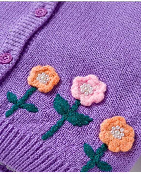 Babyhug Knit Full Sleeves Front Open Sweaters with Frill Detailing & Floral Embroidery - Lavender