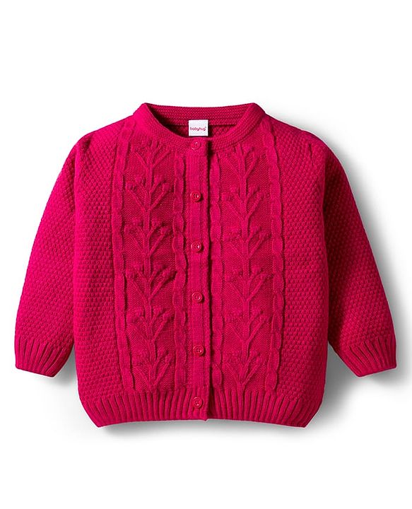Babyhug Knit Full Sleeves Front Open Sweater with Floral Cable Knit Design - Fuchsia