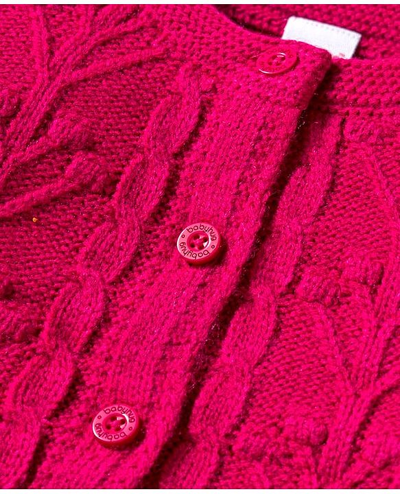 Babyhug Knit Full Sleeves Front Open Sweater with Floral Cable Knit Design - Fuchsia