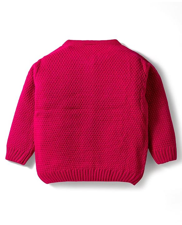 Babyhug Knit Full Sleeves Front Open Sweater with Floral Cable Knit Design - Fuchsia