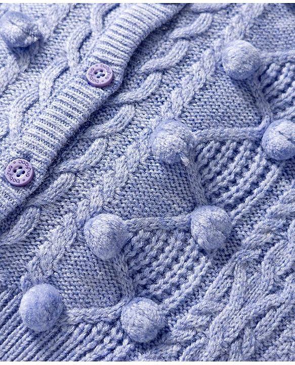 Babyhug Knit Full Raglan Sleeves Front Open Sweater with Cable Knit Design & Pom Pom Applique - Lavender