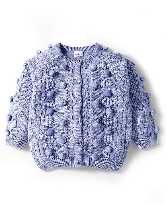 Babyhug Knit Full Raglan Sleeves Front Open Sweater with Cable Knit Design & Pom Pom Applique - Lavender