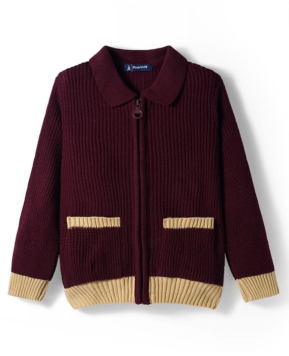 Pine Kids Knitted Full Sleeves Solid Front Open Sweater - Wine