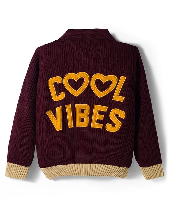 Pine Kids Knitted Full Sleeves Solid Front Open Sweater - Wine