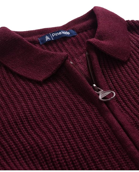 Pine Kids Knitted Full Sleeves Solid Front Open Sweater - Wine