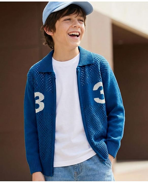 Pine Kids Knit Full Sleeves Front Open Sweater With Inner Tee & Number Print - Blue