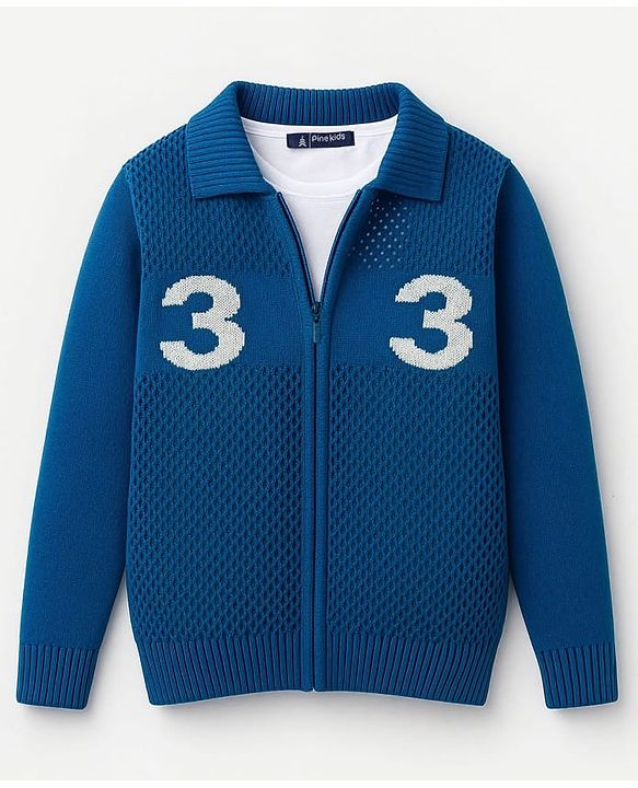 Pine Kids Knit Full Sleeves Front Open Sweater With Inner Tee & Number Print - Blue