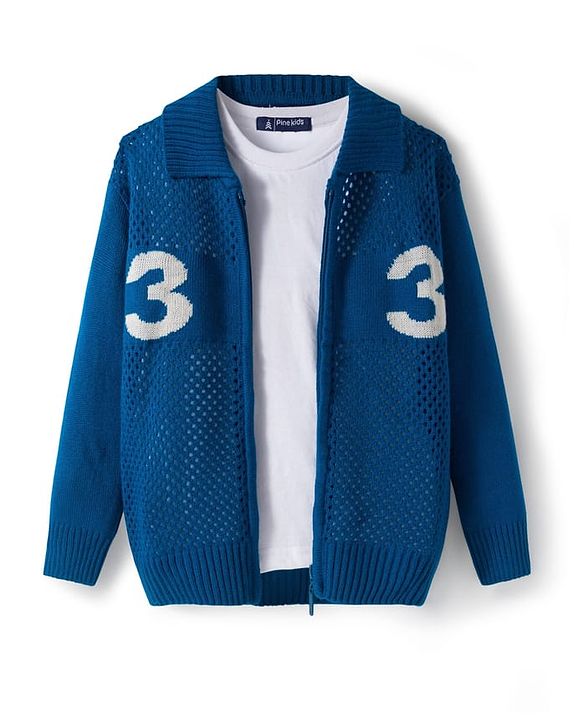 Pine Kids Knit Full Sleeves Front Open Sweater With Inner Tee & Number Print - Blue