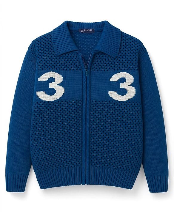 Pine Kids Knit Full Sleeves Front Open Sweater With Inner Tee & Number Print - Blue
