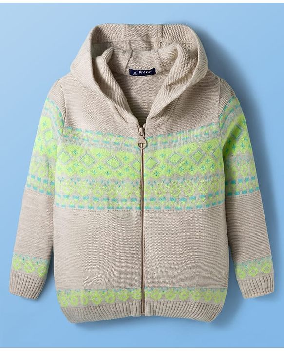 Pine Kids Knit Full Sleeves Front Open Hooded Sweatshirt with Aztec Design - Beige