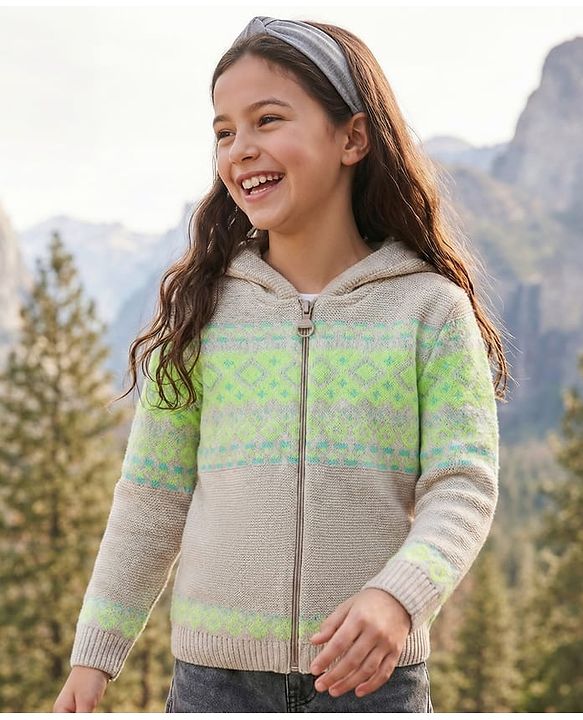 Pine Kids Knit Full Sleeves Front Open Hooded Sweatshirt with Aztec Design - Beige