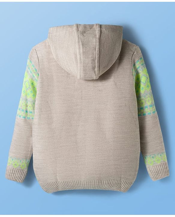 Pine Kids Knit Full Sleeves Front Open Hooded Sweatshirt with Aztec Design - Beige
