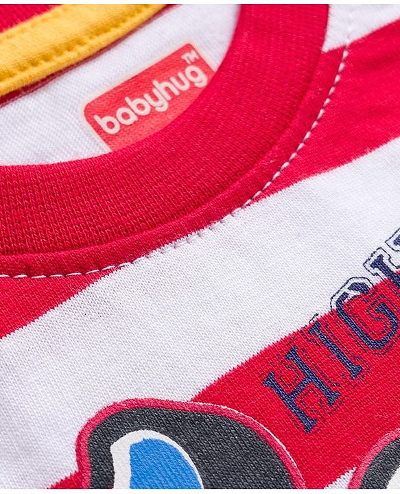 Babyhug Single Jersey Knit Full Sleeves T-Shirt with Stripes & Animal Print - White & Red