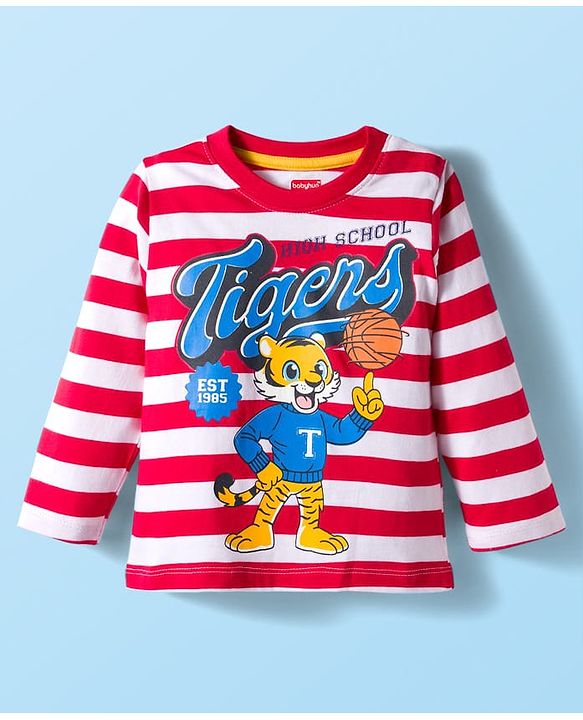 Babyhug Single Jersey Knit Full Sleeves T-Shirt with Stripes & Animal Print - White & Red