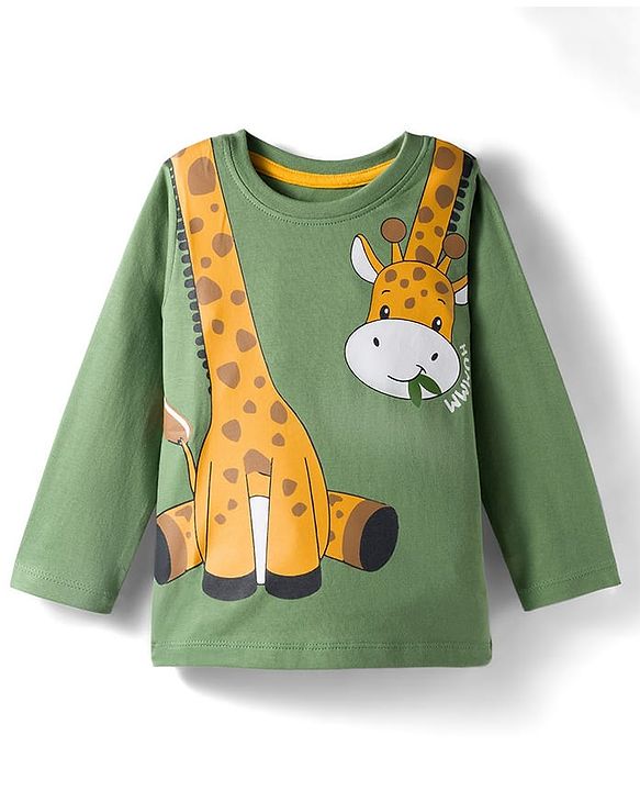 Babyhug 100% Cotton Knit Full Sleeves T-Shirt with Giraffe Print - Green