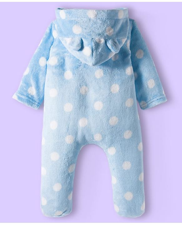 Babyhug Woven Full Sleeves Front Open Footed Hooded Winter Wear Romper with Polka Dot Design - Light Blue