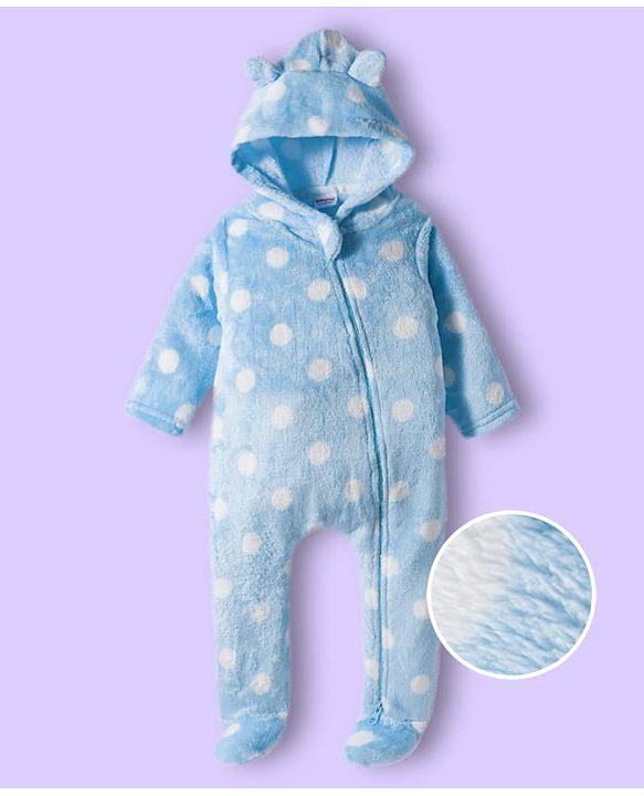 Babyhug Woven Full Sleeves Front Open Footed Hooded Winter Wear Romper with Polka Dot Design - Light Blue