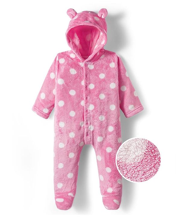 Babyhug Woven Full Sleeves Front Open Footed Hooded Winter Wear Romper with Polka Dot Design - Light Blue