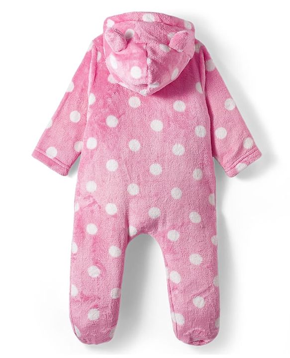 Babyhug Woven Full Sleeves Front Open Footed Hooded Winter Wear Romper with Polka Dot Design - Light Blue