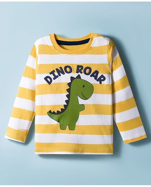 Babyhug 100% Cotton Knit Full Sleeves Striped T-Shirt With Dino Print - Yellow