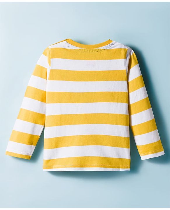 Babyhug 100% Cotton Knit Full Sleeves Striped T-Shirt With Dino Print - Yellow
