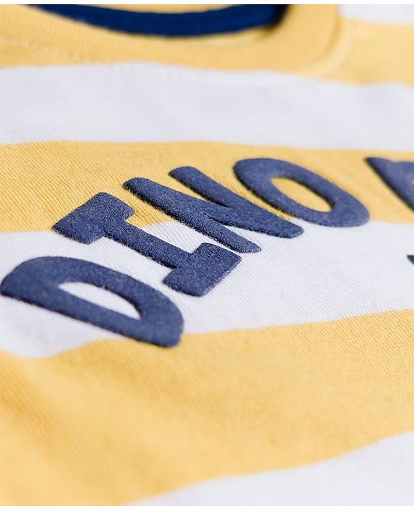 Babyhug 100% Cotton Knit Full Sleeves Striped T-Shirt With Dino Print - Yellow