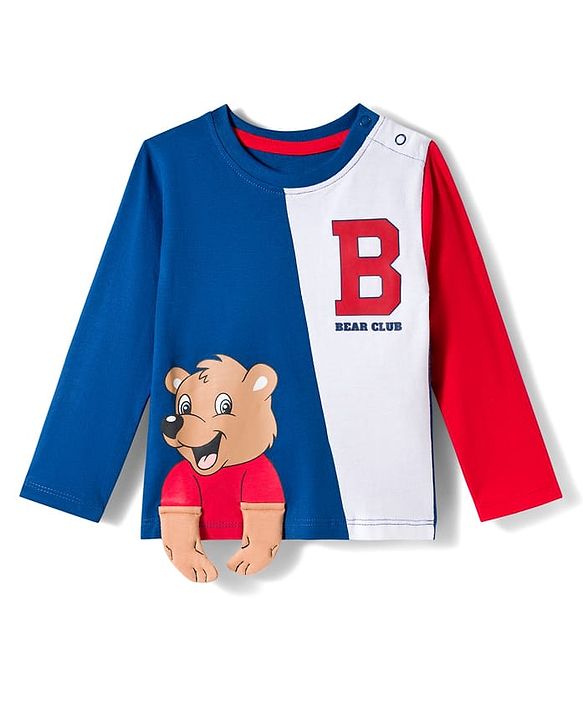Babyhug 100 % Cotton Knit Full Sleeves Cut & Sew T-Shirt with Teddy Print & Applique - Blue & Red