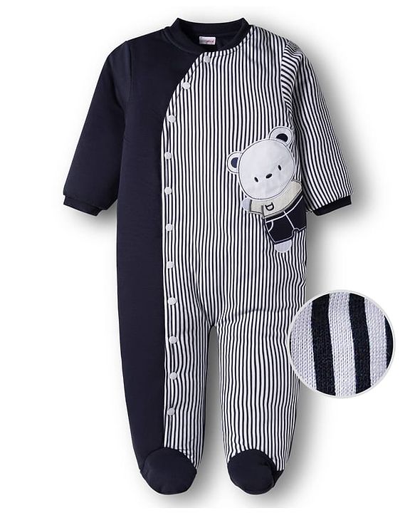 Babyhug Knit Full Sleeves Winter Wear Footed Quilted Romper With Bear Patch - Navy Blue