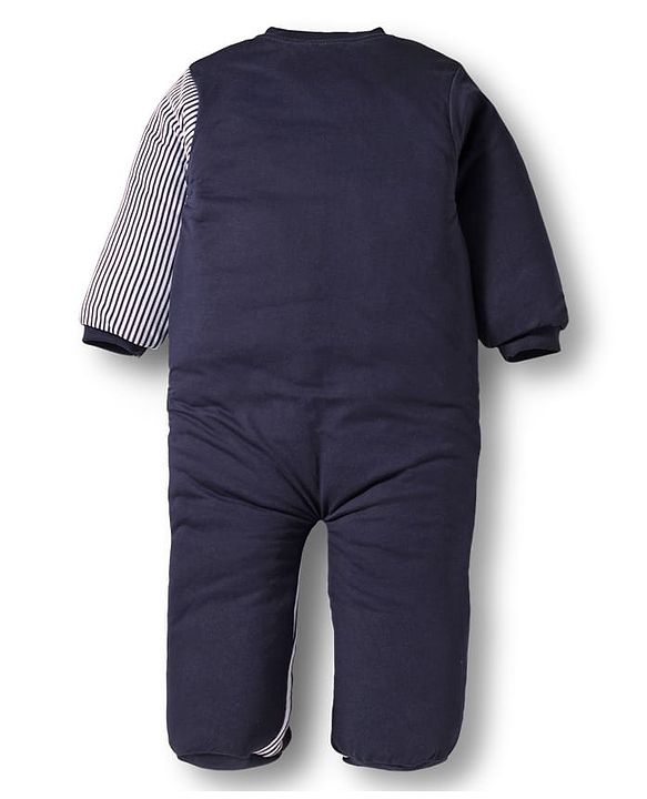 Babyhug Knit Full Sleeves Winter Wear Footed Quilted Romper With Bear Patch - Navy Blue