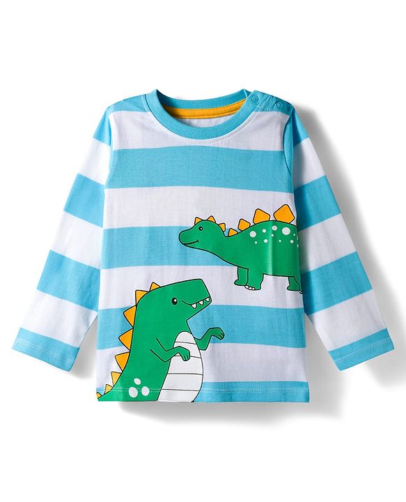 Babyhug 100% Cotton Knit Full Sleeves Striped T-Shirt with Dino Graphic - White & Light Blue