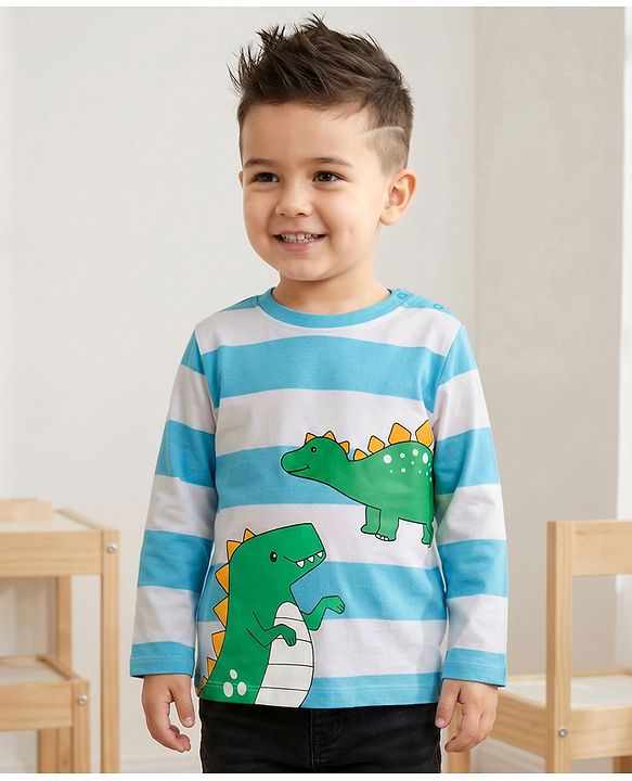 Babyhug 100% Cotton Knit Full Sleeves Striped T-Shirt with Dino Graphic - White & Light Blue