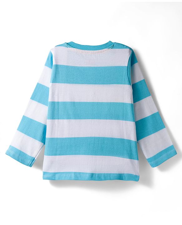 Babyhug 100% Cotton Knit Full Sleeves Striped T-Shirt with Dino Graphic - White & Light Blue