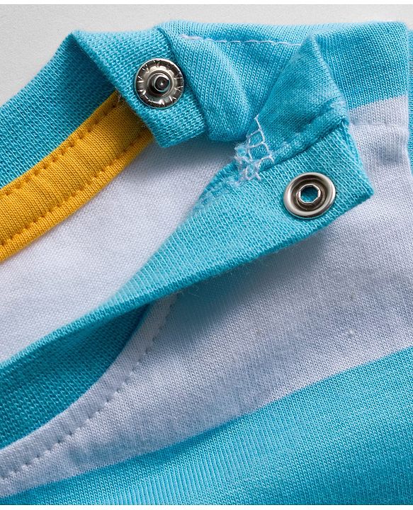 Babyhug 100% Cotton Knit Full Sleeves Striped T-Shirt with Dino Graphic - White & Light Blue