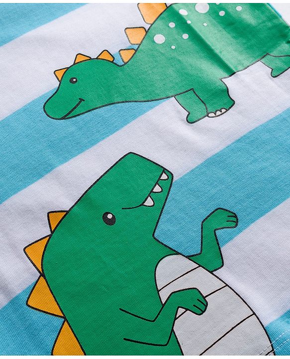 Babyhug 100% Cotton Knit Full Sleeves Striped T-Shirt with Dino Graphic - White & Light Blue