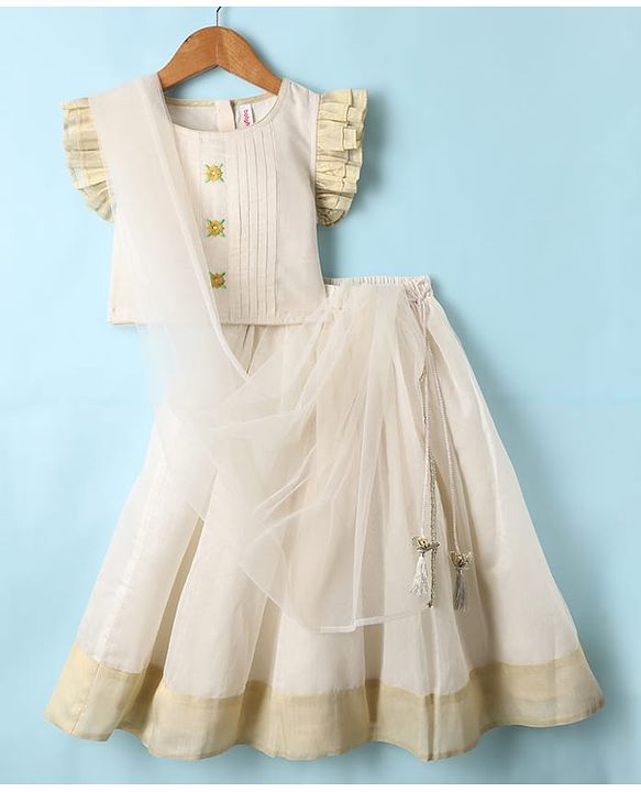 Babyhug South Cotton Woven Frill Sleeves Floral Embroidered Choli & Lehenga Set With Dupatta - Off White