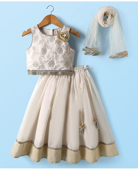 Babyhug South Cotton Woven Sleeveless Floral Embroidered Choli & Lehenga Set With Dupatta - Off White