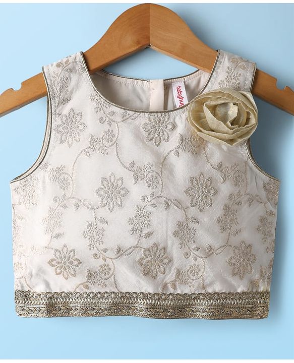Babyhug South Cotton Woven Sleeveless Floral Embroidered Choli & Lehenga Set With Dupatta - Off White