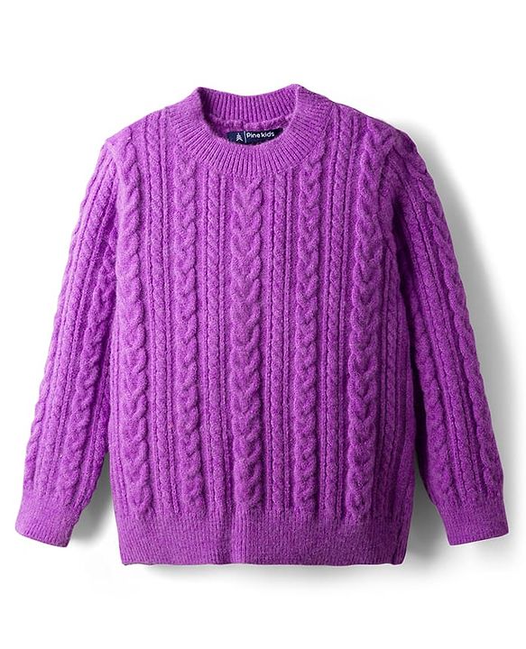 Pine Kids Knit Full Sleeves Pullover Sweater with Cable Knit Design - Purple