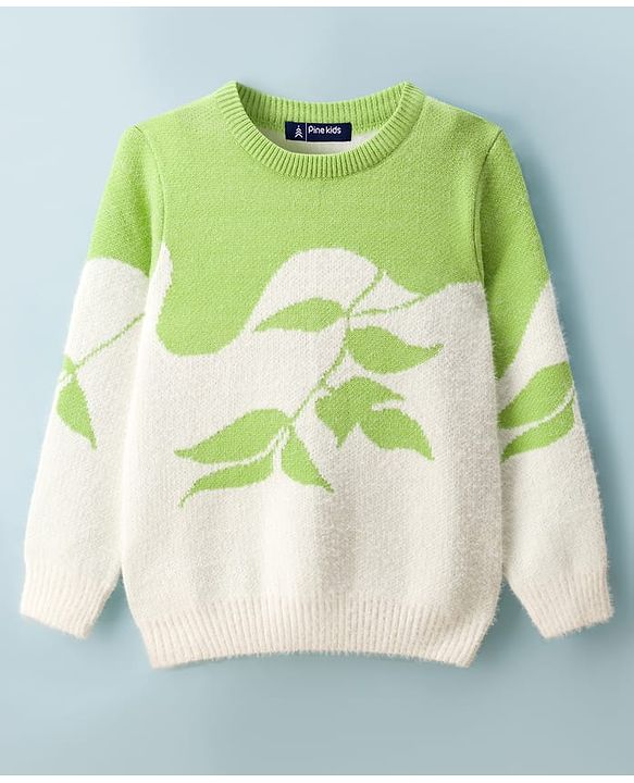 Pine Kids Knit Full Sleeves Pullover Sweater with Tropical Theme Print - Light Green & White