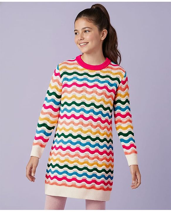 Pine Kids Knitted Full Sleeves Striped Pullover Sweater - Multicolor