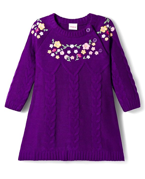 Babyhug Knitted Full Raglan Sleeves Woollen Dress With Floral Embroidery - Purple