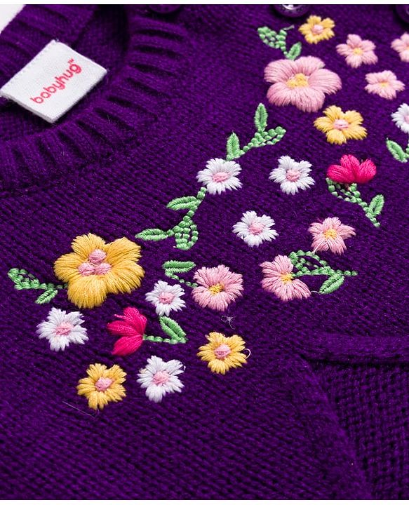 Babyhug Knitted Full Raglan Sleeves Woollen Dress With Floral Embroidery - Purple