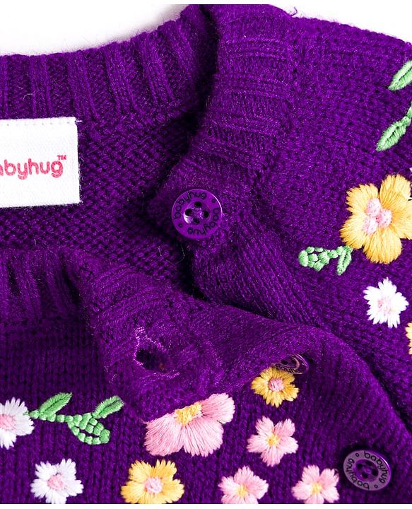 Babyhug Knitted Full Raglan Sleeves Woollen Dress With Floral Embroidery - Purple